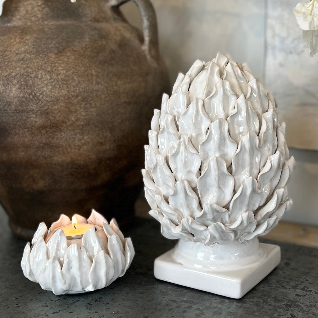 Glazed White Artichoke Ornament and Tealight Holder
