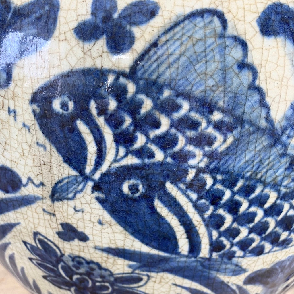Large Blue and White Antiqued Fish Pot