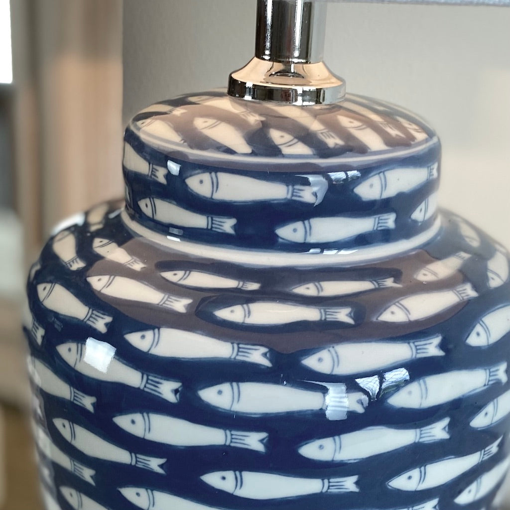 Blue and White Ceramic Fish Table Lamp