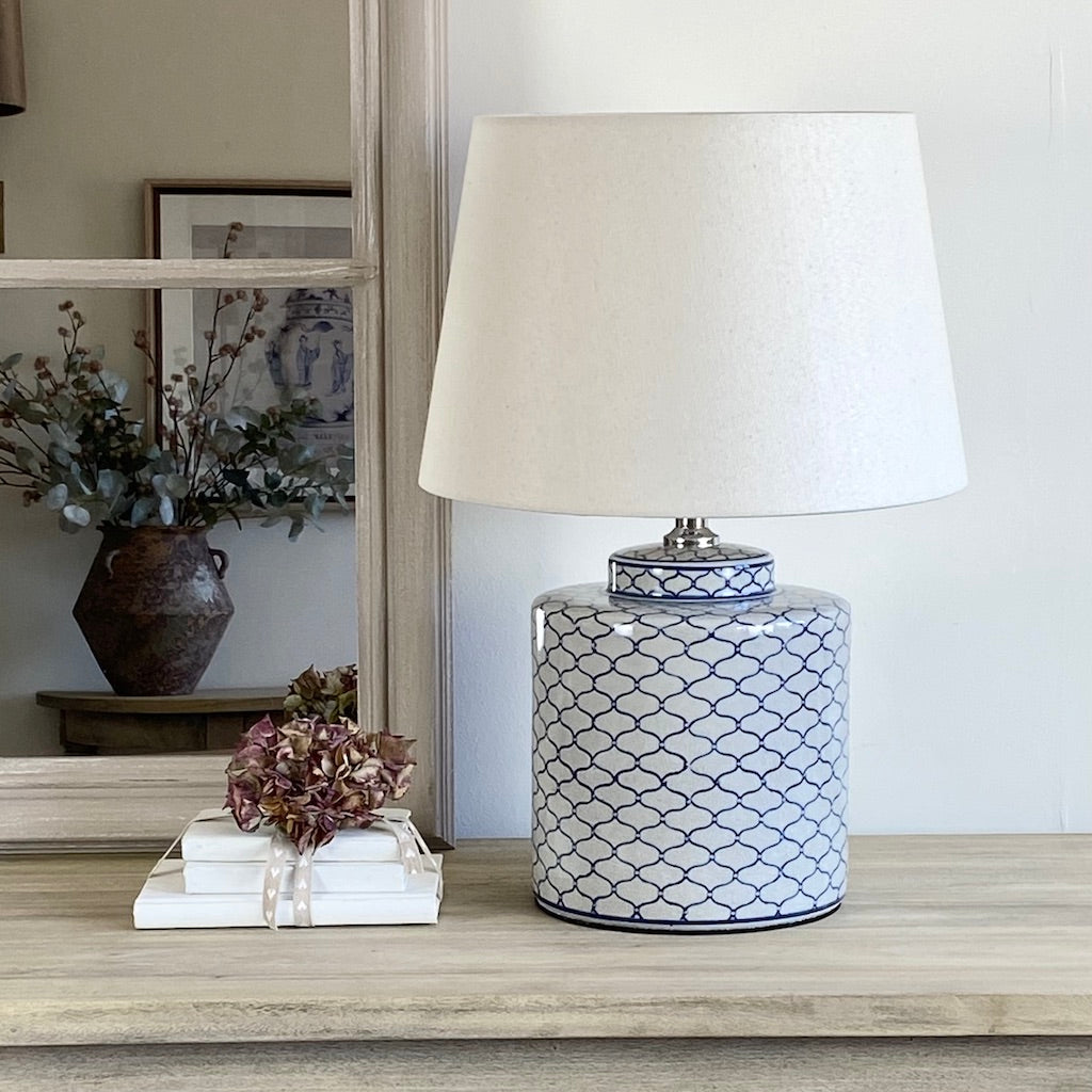 Blue and Stone Ikat Design Crackled Ceramic Lamp