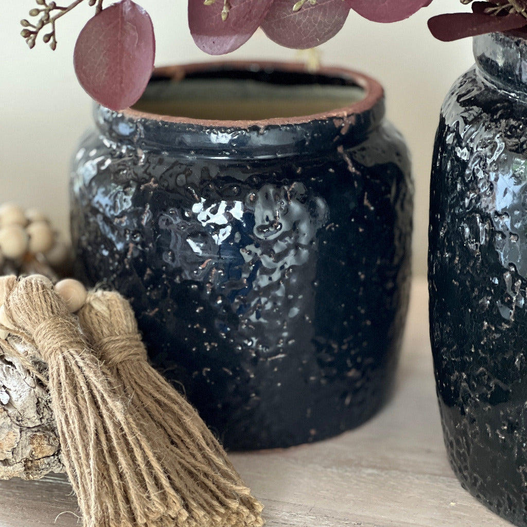 Gambini Black Glazed Terracotta Rustic Vase