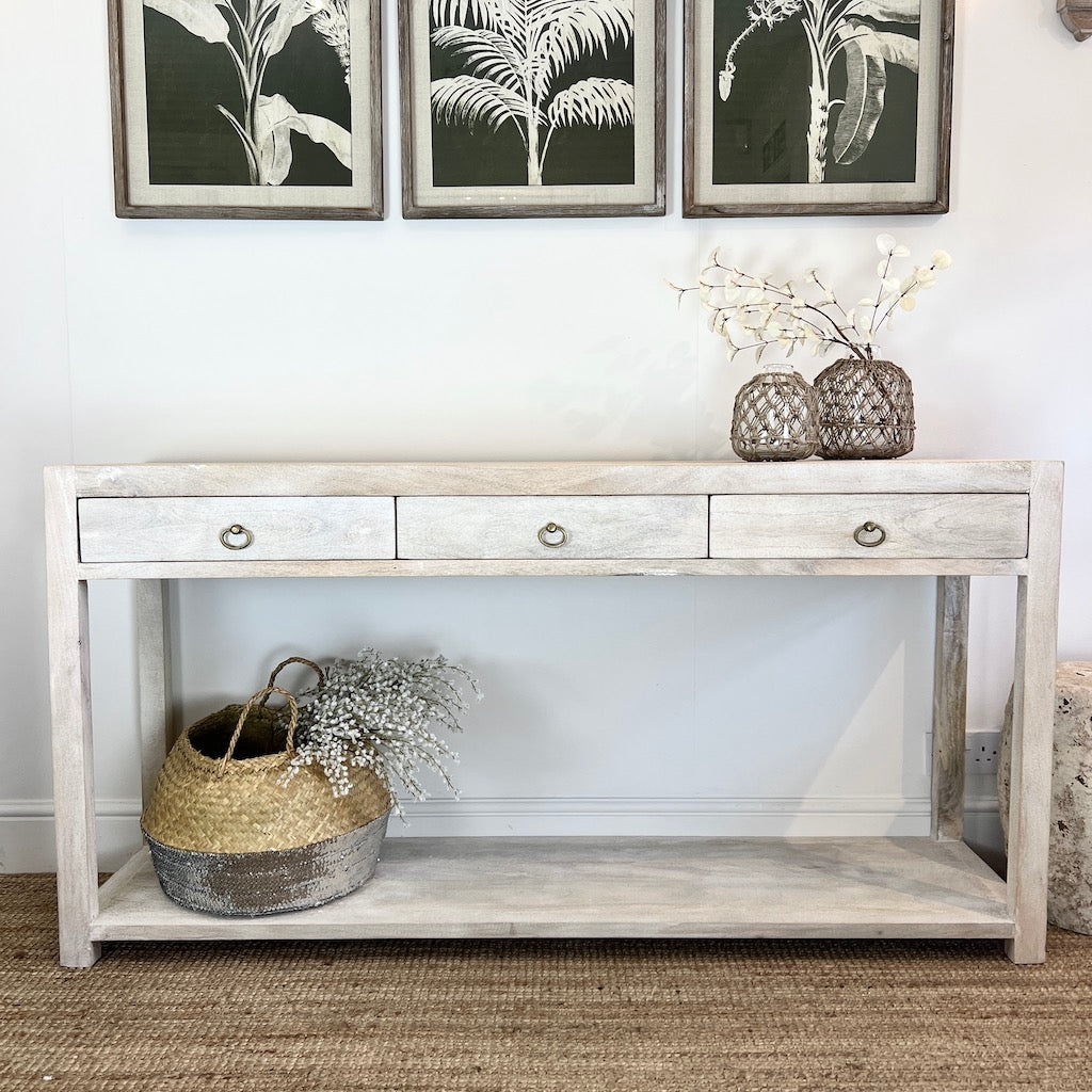 Savoie White Washed Console with Drawers Shelf