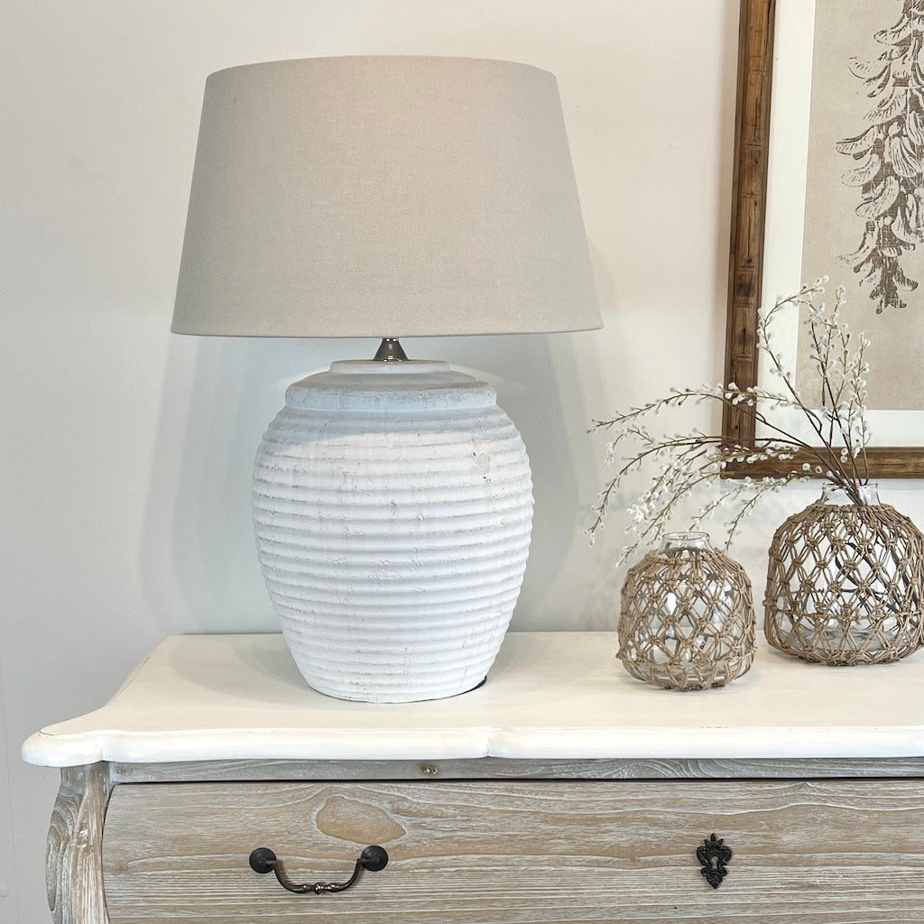 Large Ribbed Chalk White Distressed Table Lamp Alice