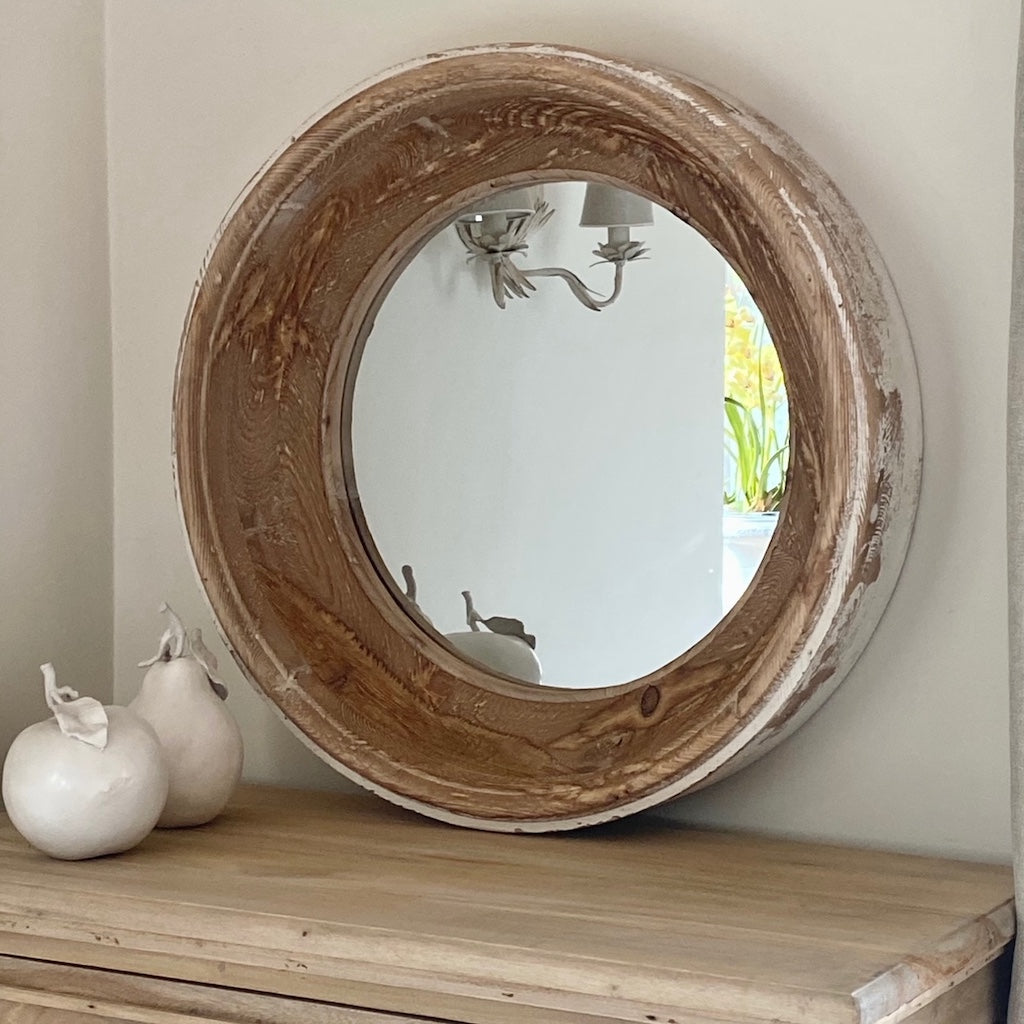 Chunky Wood Round Mirror Distressed Paint Detail – Cowshed Interiors Limited