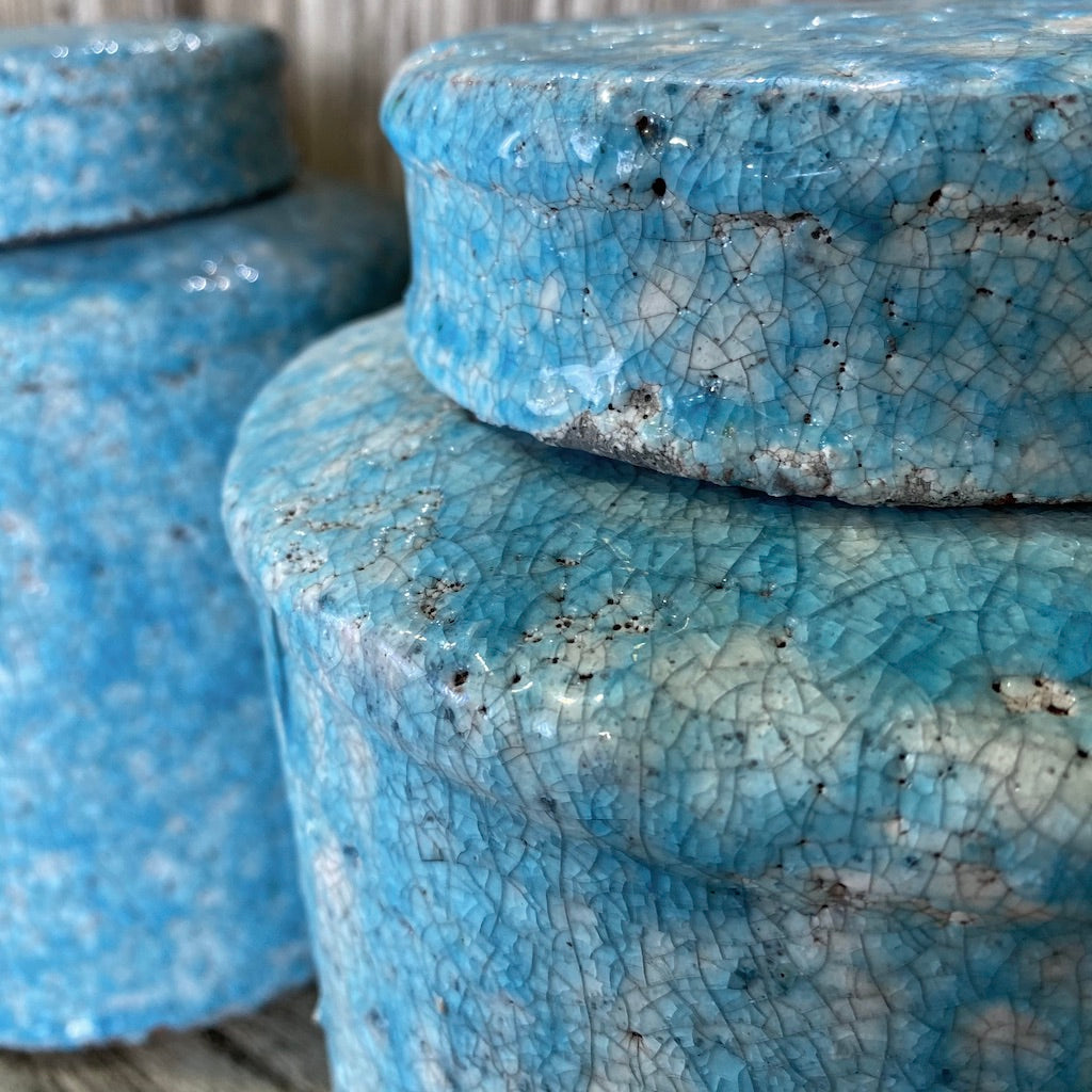 Crackled Vivid Blue Squat Round Rustic Jar