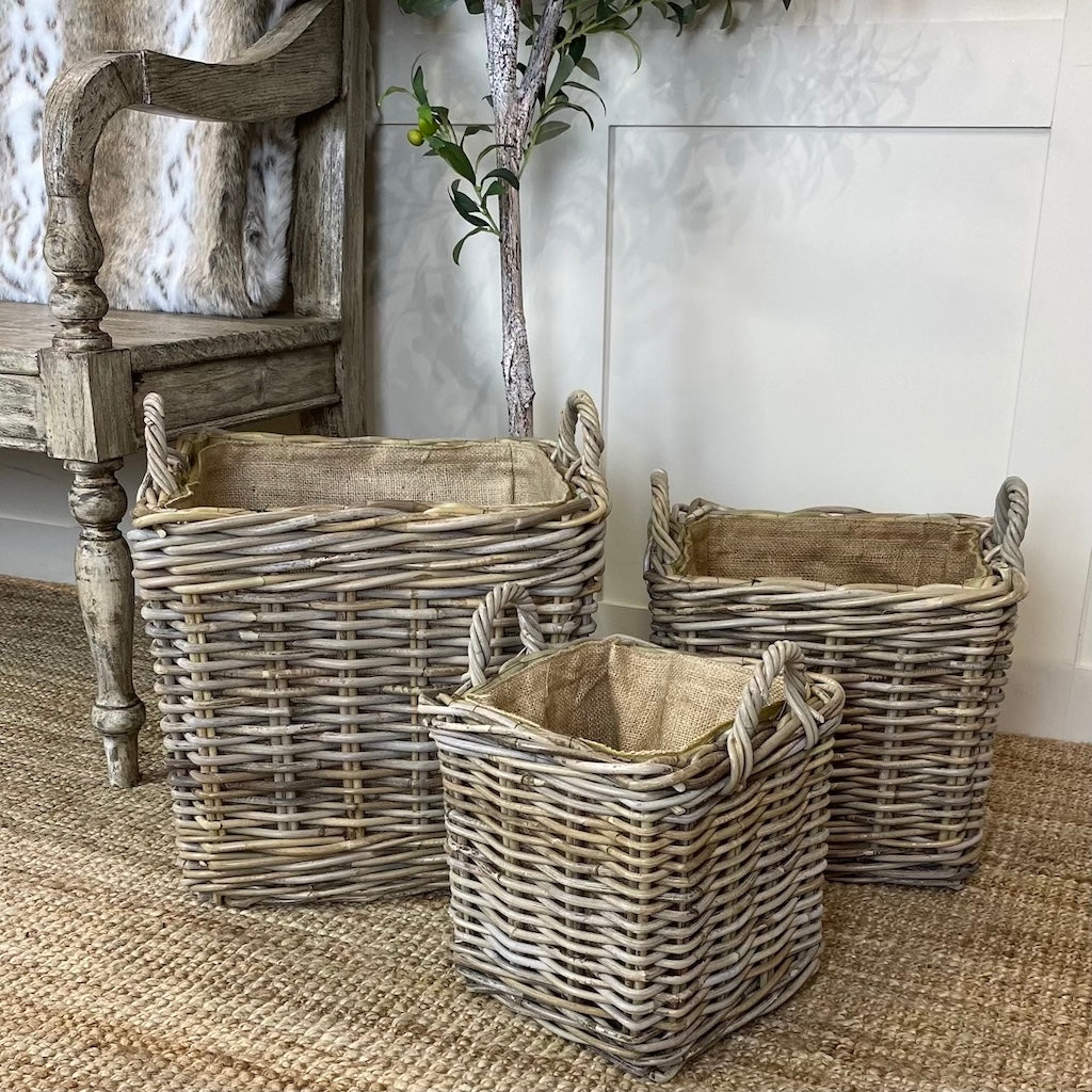 Square Wicker Baskets Ear Handles Removable Hessian Liner Set 3
