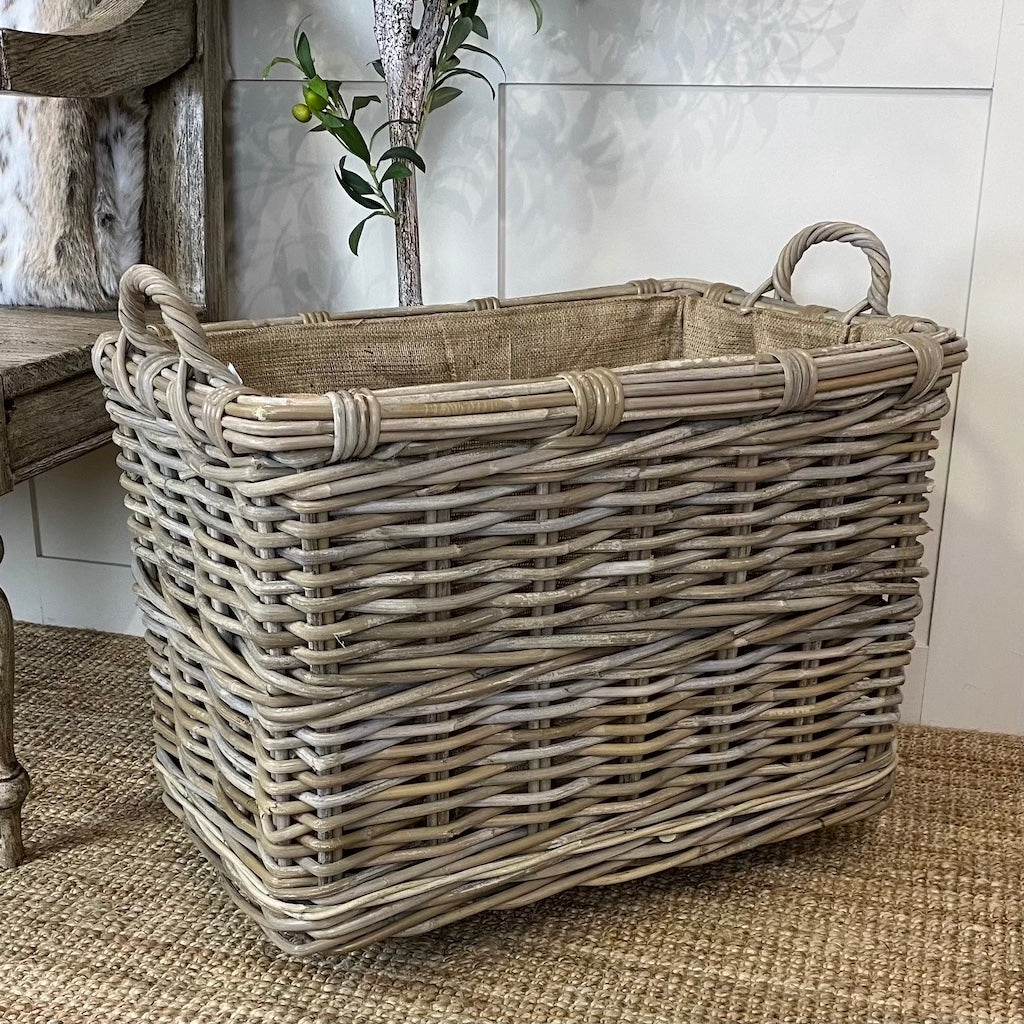Extra Large Wicker Rectangle Log Toy Baskets Wheels Handles Removable Hessian Liner