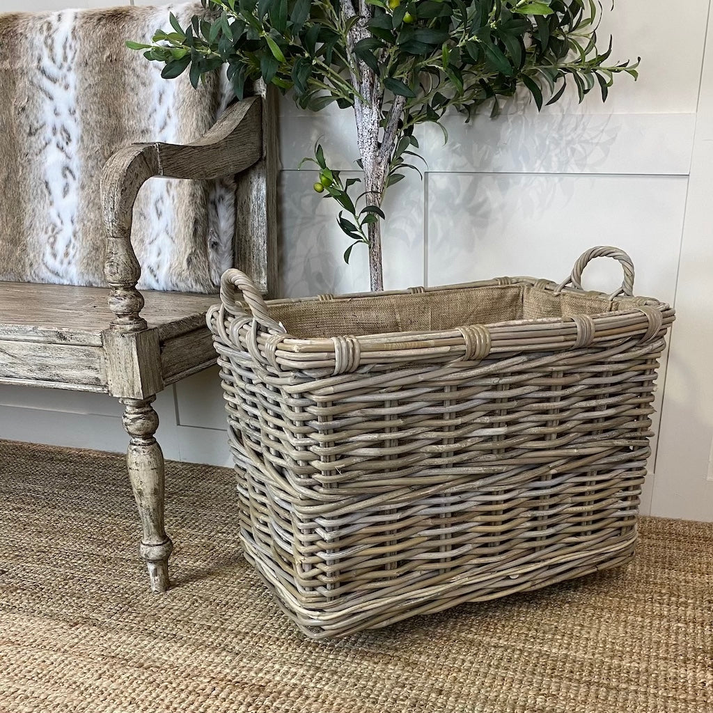 Extra Large Wicker Rectangle Log Toy Baskets Wheels Handles Removable Hessian Liner