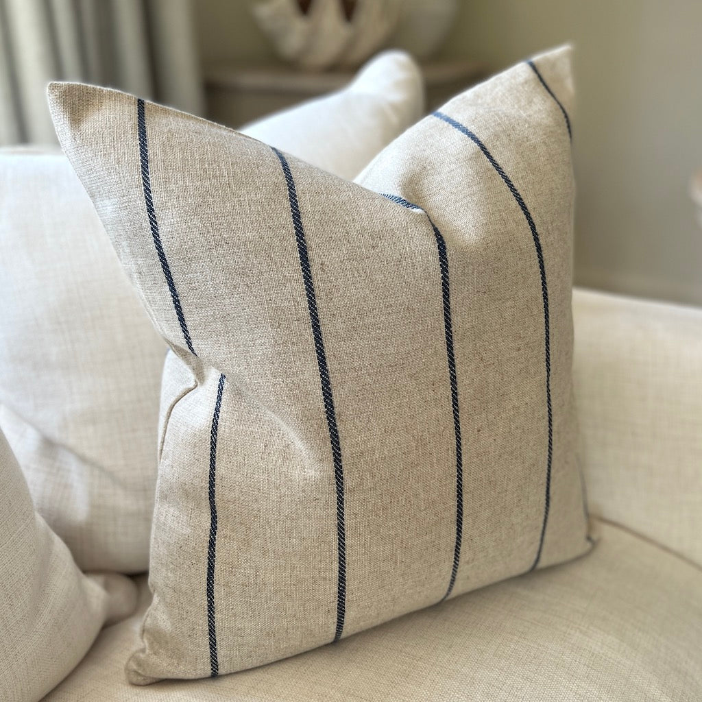 Blue Pinstripe Linen Cushion Cover