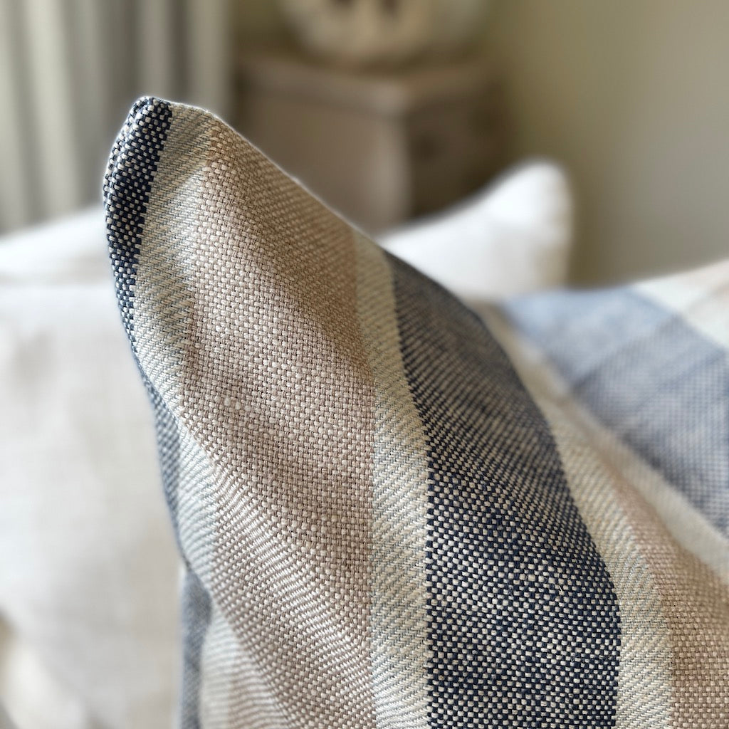 Wide Stripe Taupe Blue Cream Cushion Cover