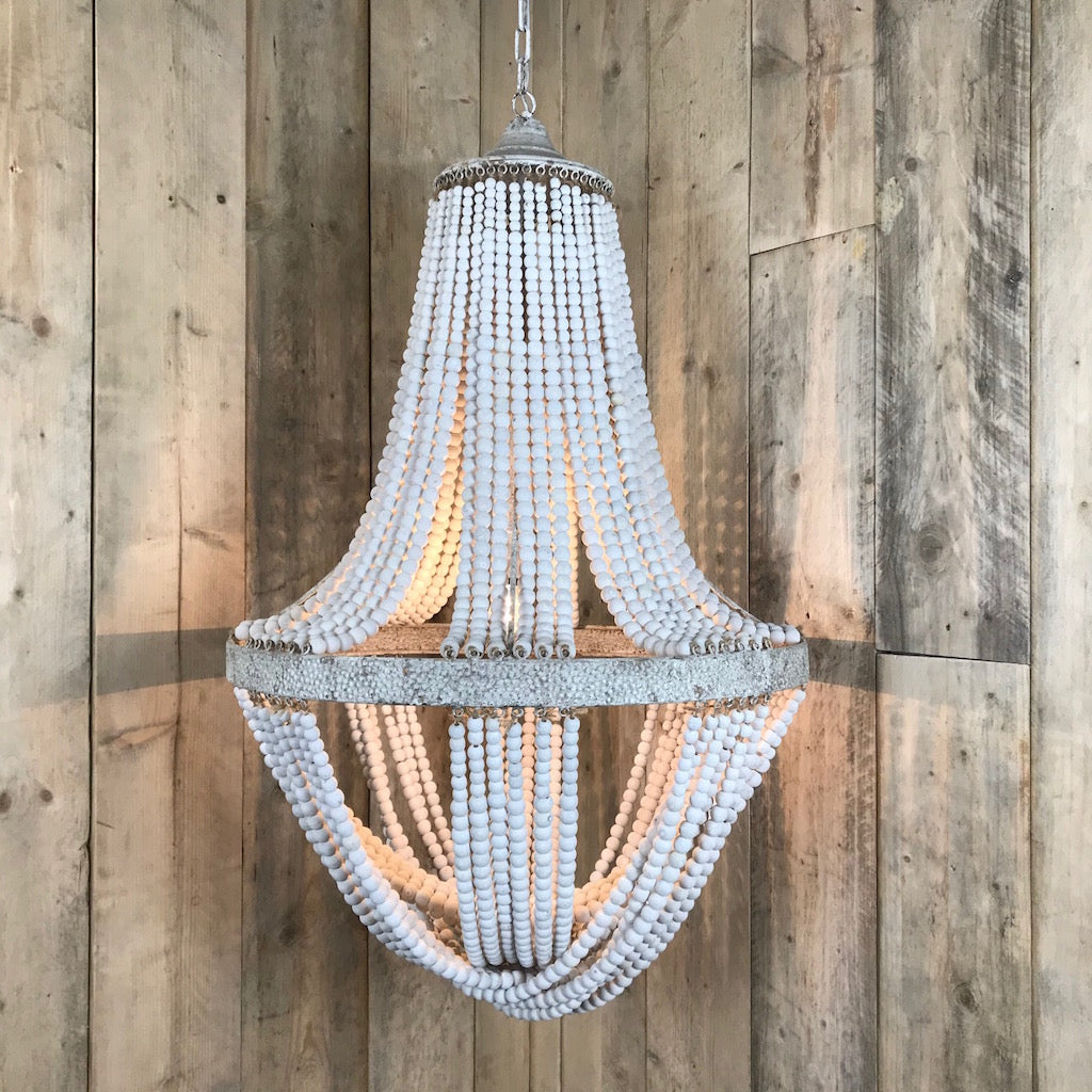 White Washed Tall Wooden Bead Chandelier Distressed Metal Detail Luna 2