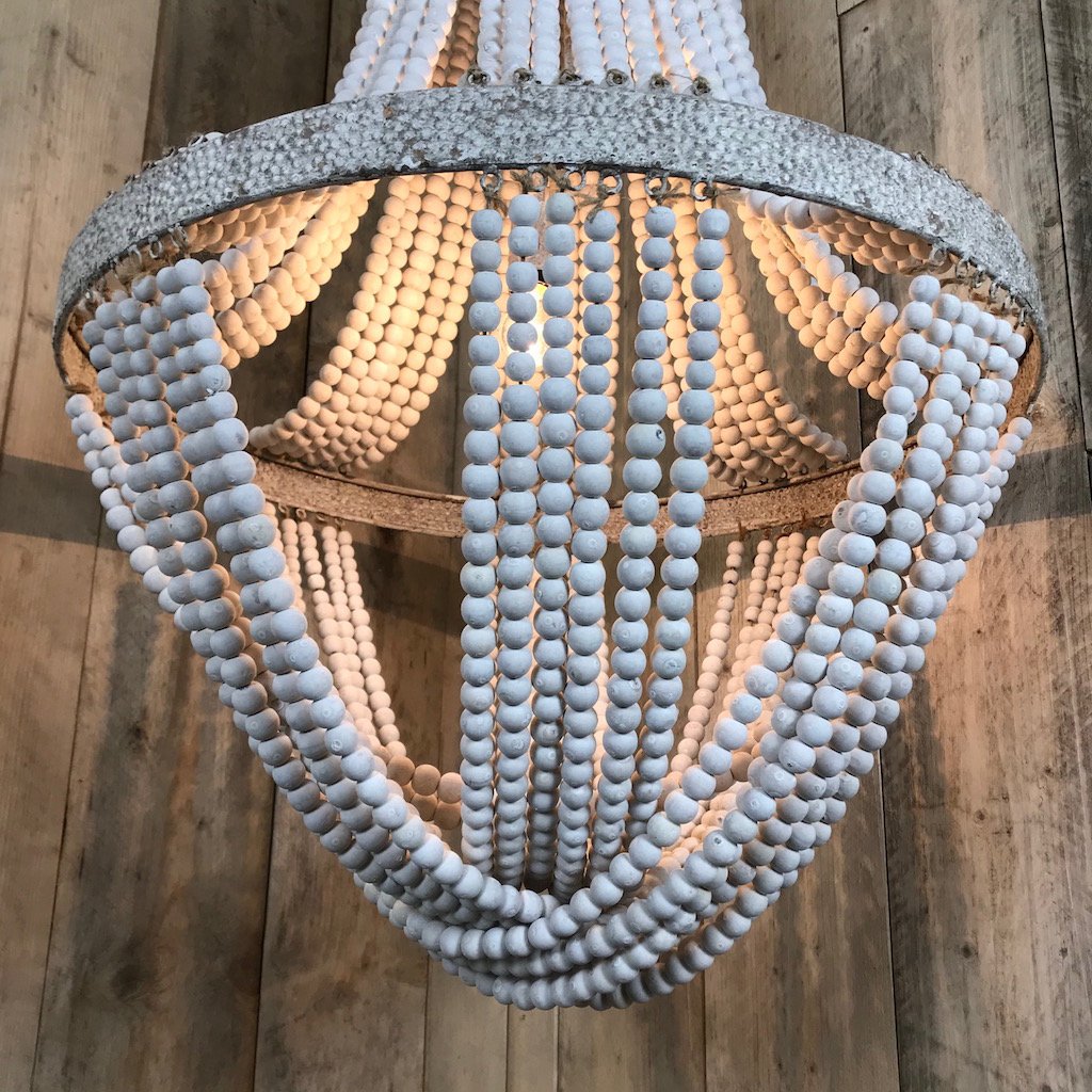 White Washed Tall Wooden Bead Chandelier Distressed Metal Detail Luna 2