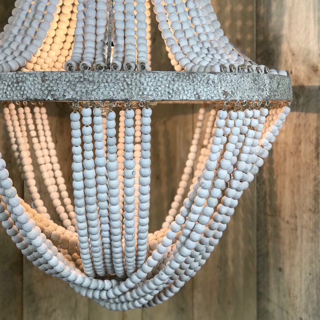 White Washed Tall Wooden Bead Chandelier Distressed Metal Detail Luna 2