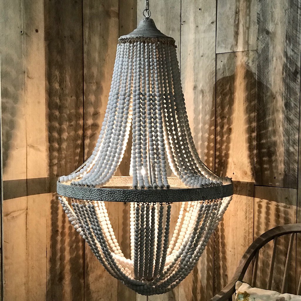 White Washed Tall Wooden Bead Chandelier Distressed Metal Detail Luna 2