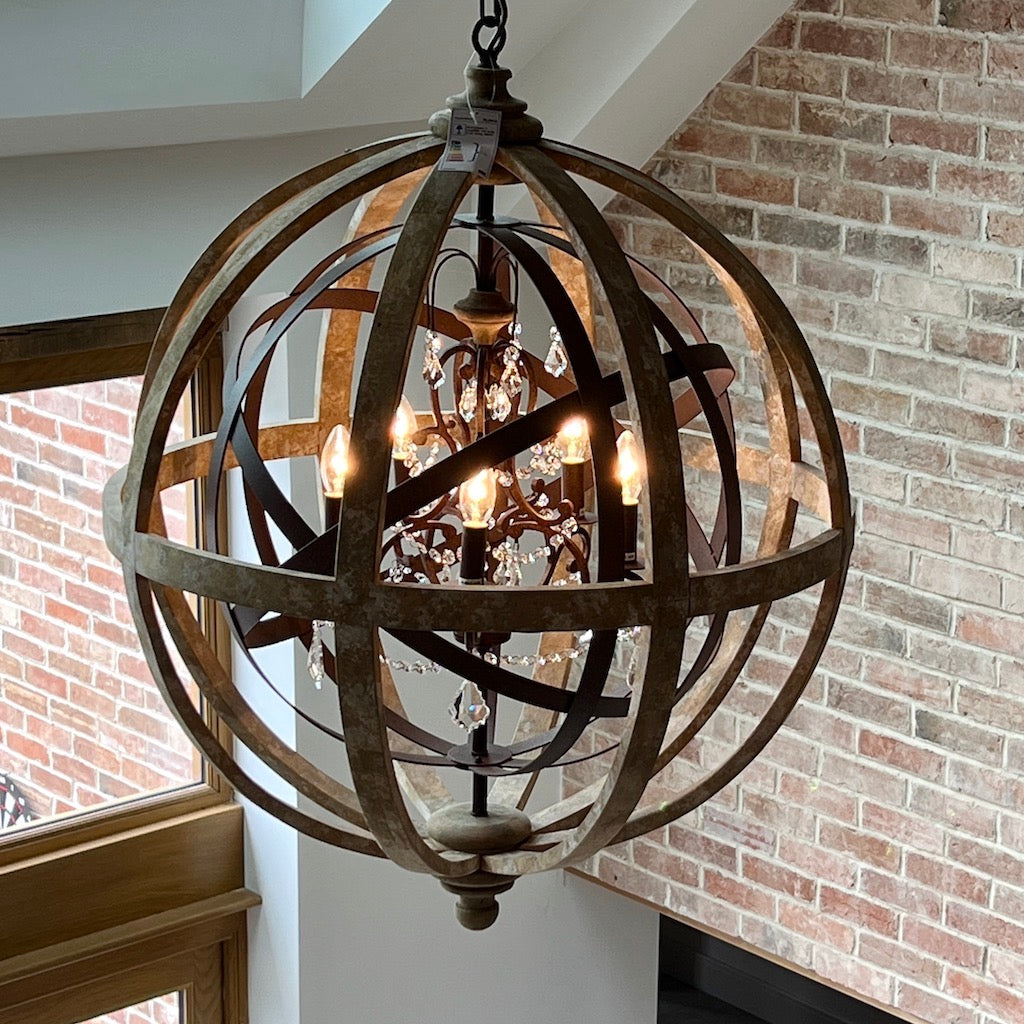 Large Round Wooden Orb Chandelier with Metal Orb Detail and Crystal Droplets