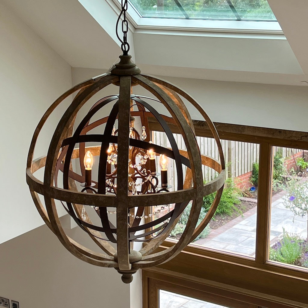 Large Round Wooden Orb Chandelier with Metal Orb Detail and Crystal Dr ...
