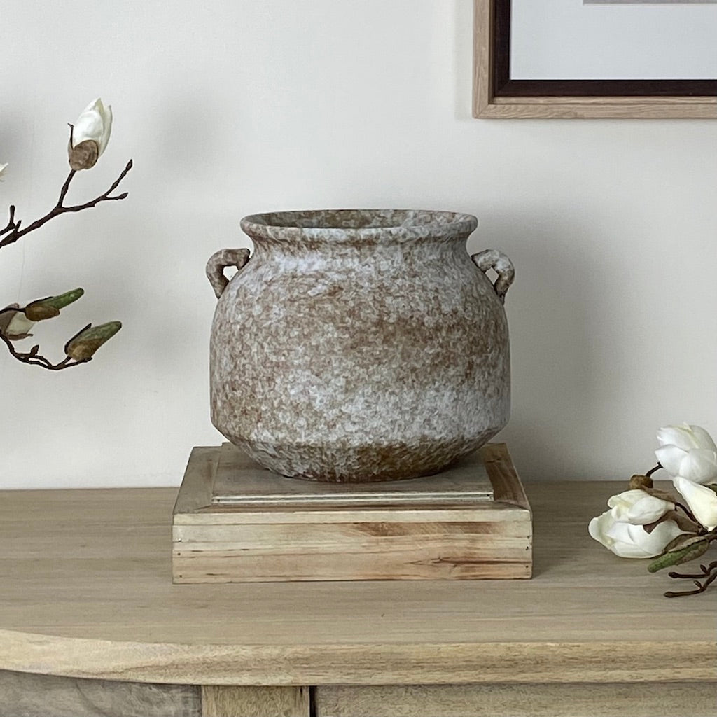 Antiqued Distressed Light Grey Squat Two Handle Pot