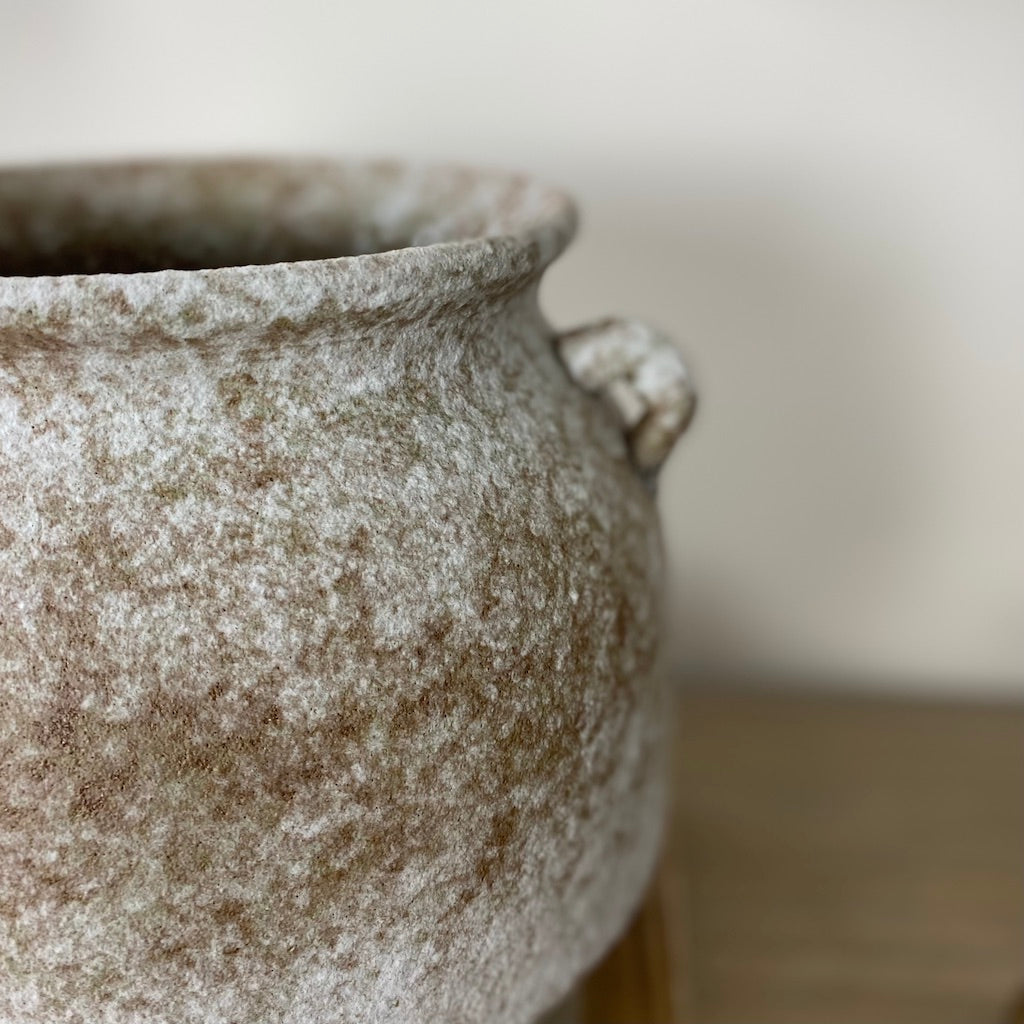 Antiqued Distressed Light Grey Squat Two Handle Pot