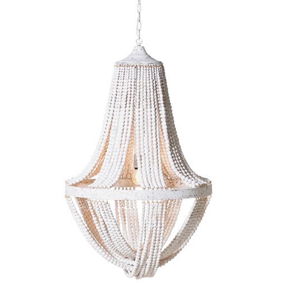 White Washed Tall Wooden Bead Chandelier Distressed Metal Detail Luna 2
