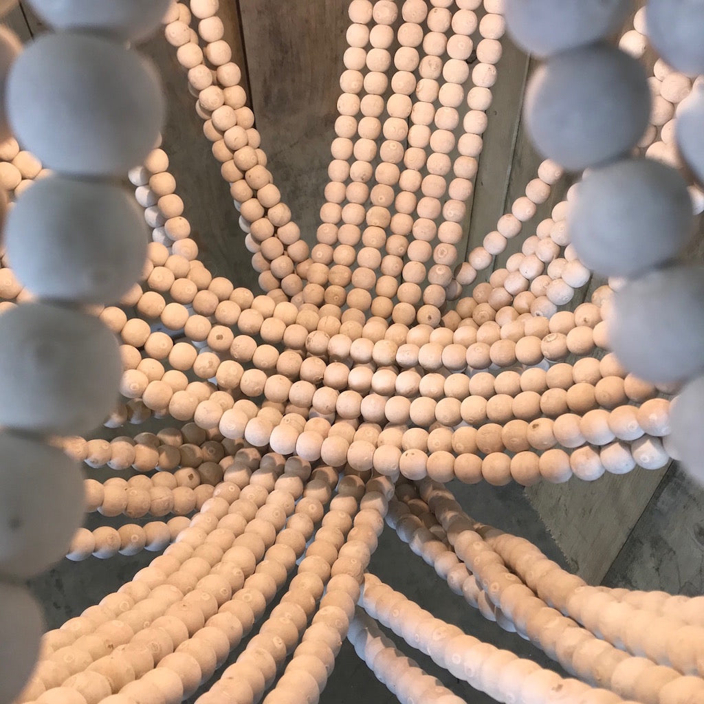 White Washed Tall Wooden Bead Chandelier Distressed Metal Detail Luna 2