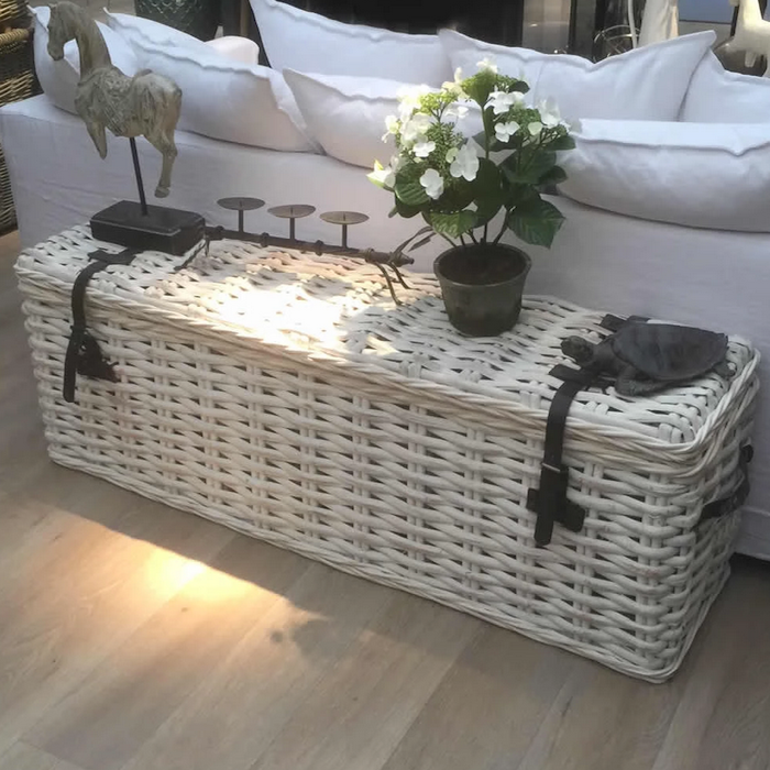 Handcrafted White Large Trunk Ottoman Storage Bench