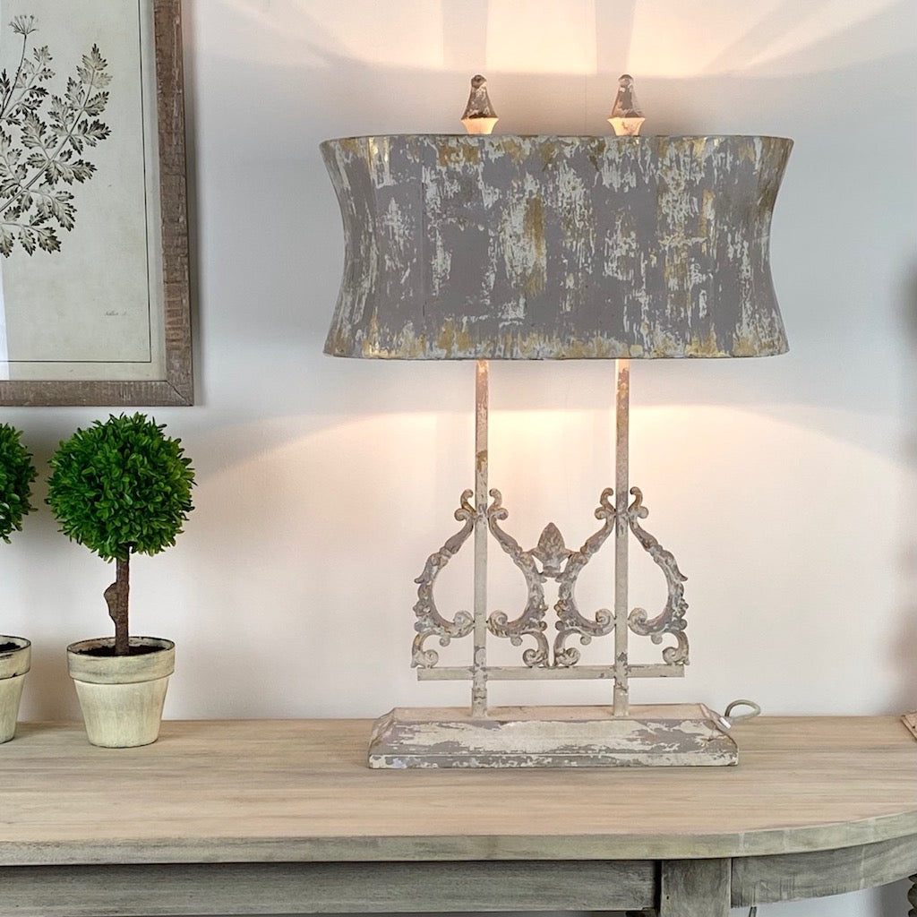 Distressed Handfinished Metal Table Lamp Grey Gold and Cream