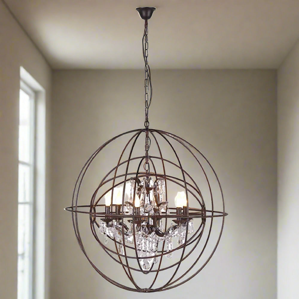 Large Round Metal Foucaults Double Orb Chandelier Crystal Droplets