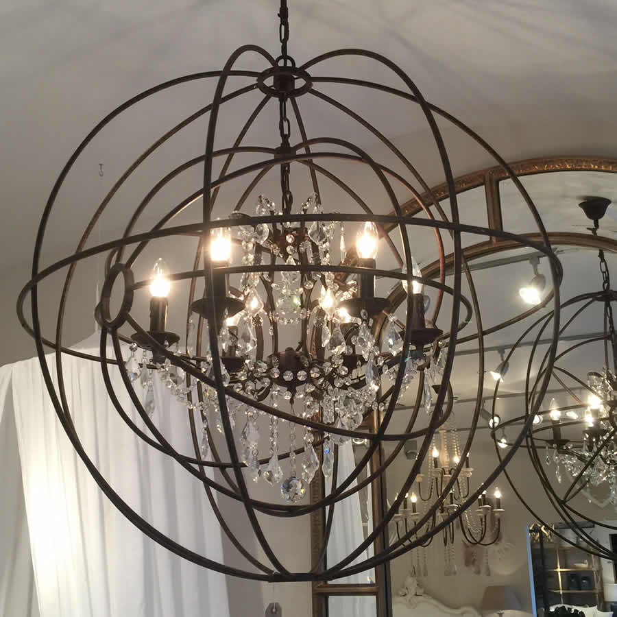 Large Round Metal Foucaults Double Orb Chandelier Crystal Droplets