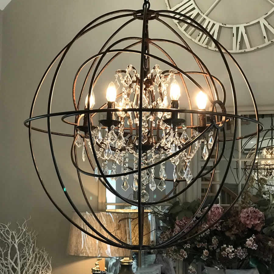 Large Round Metal Foucaults Double Orb Chandelier Crystal Droplets