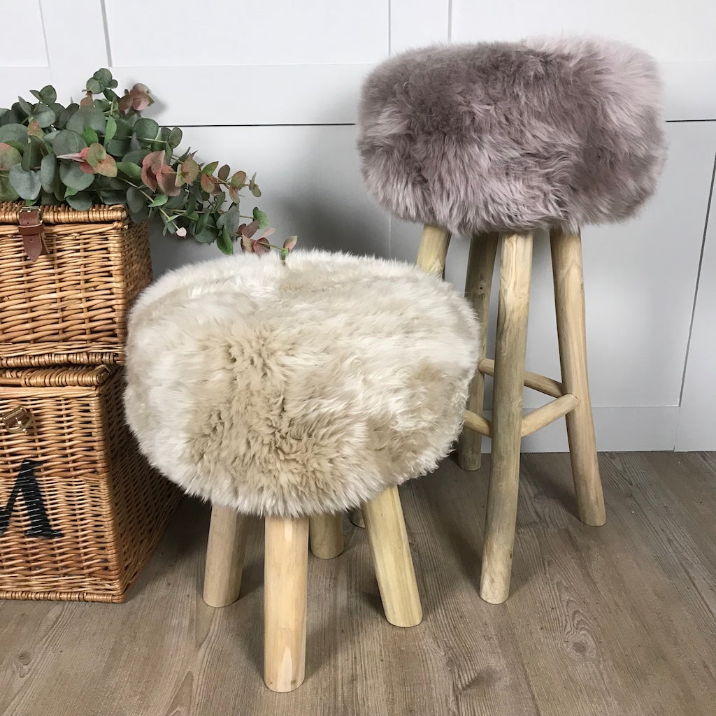 Rustic Stool with New Zealand Sheepskin Seat Cushion 2 Sizes 3 Colours