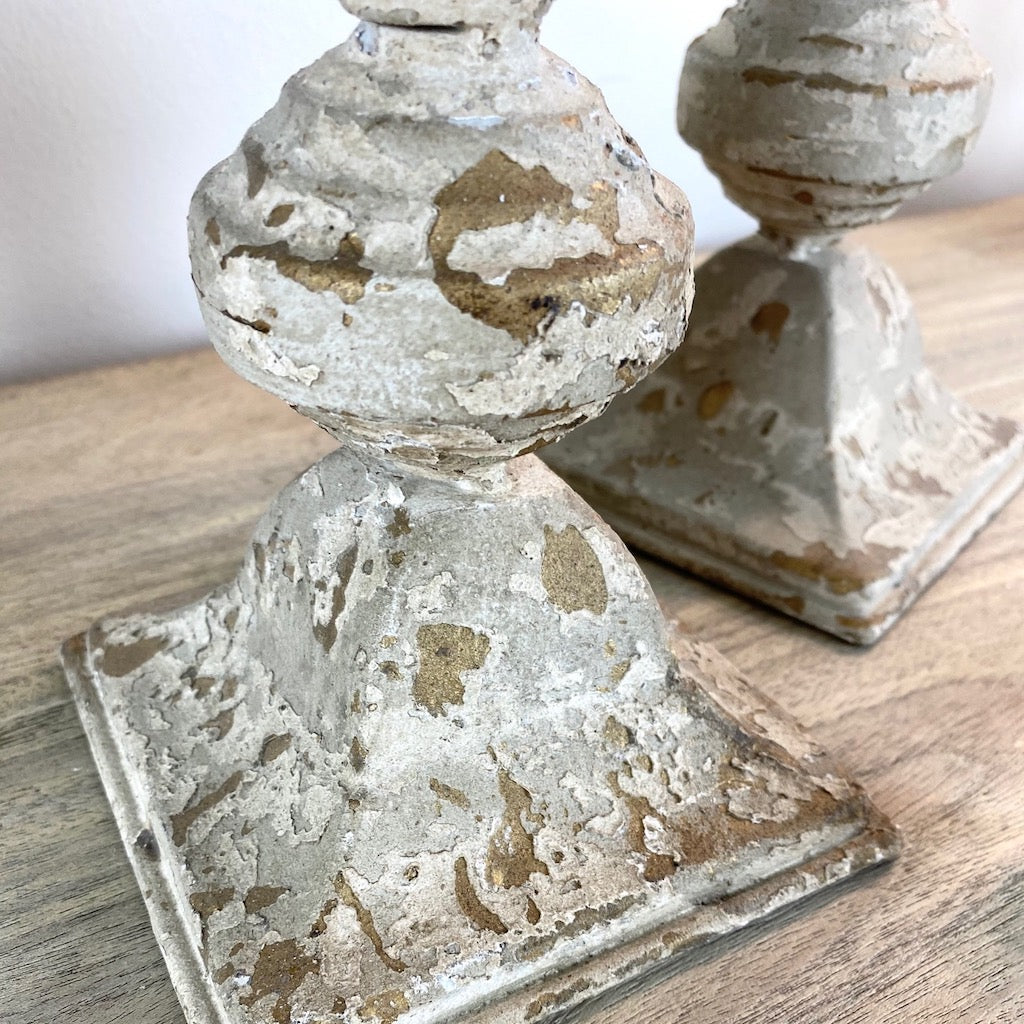 Distressed Metal Candlesticks Grey Gold and Cream