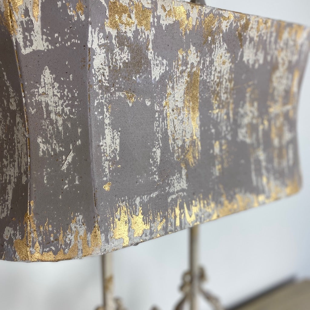 Distressed Handfinished Metal Table Lamp Grey Gold and Cream