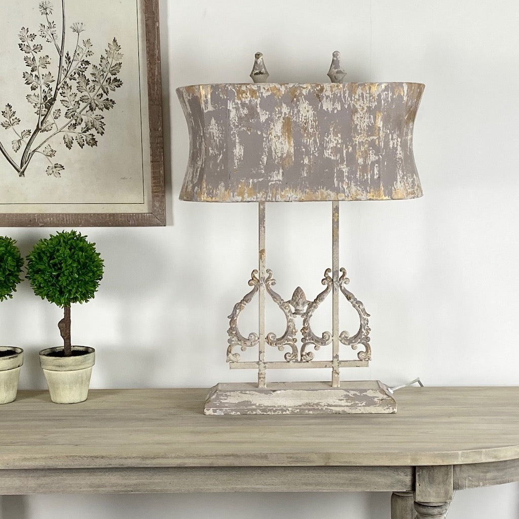 Distressed Handfinished Metal Table Lamp Grey Gold and Cream