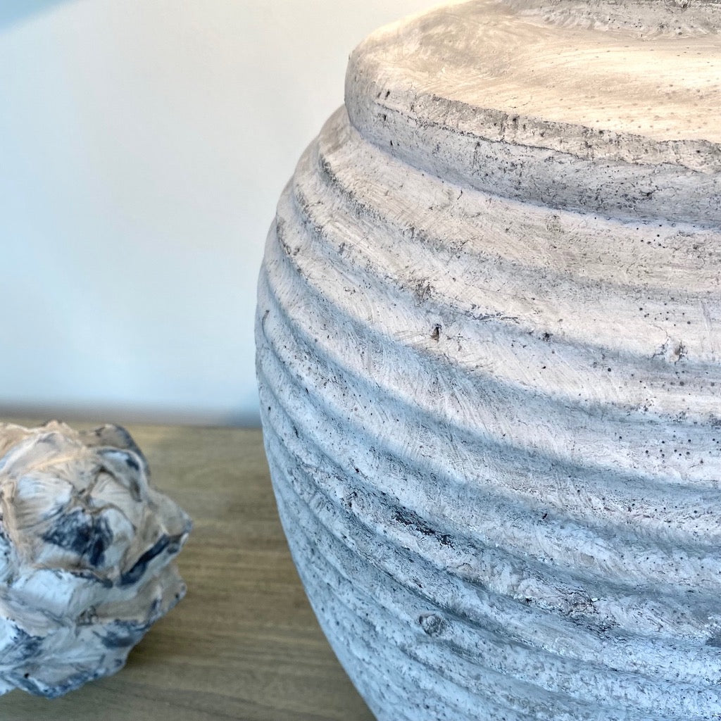 Large Ribbed Pale Grey Stone Effect Aged Ceramic Table Lamp